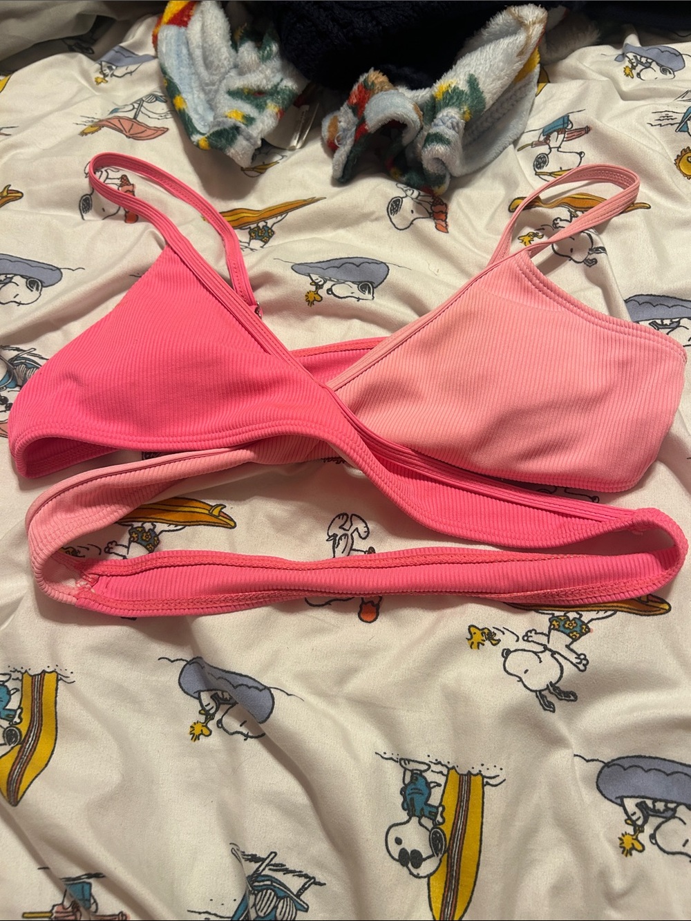 Two-Tone Pink Ribbed Wrap Bikini Top